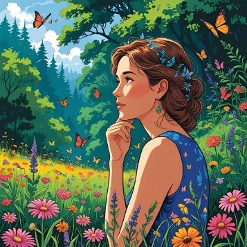 nachhaltige etf Frau schaut auf eine Wiese mit angrenzendem Wald.